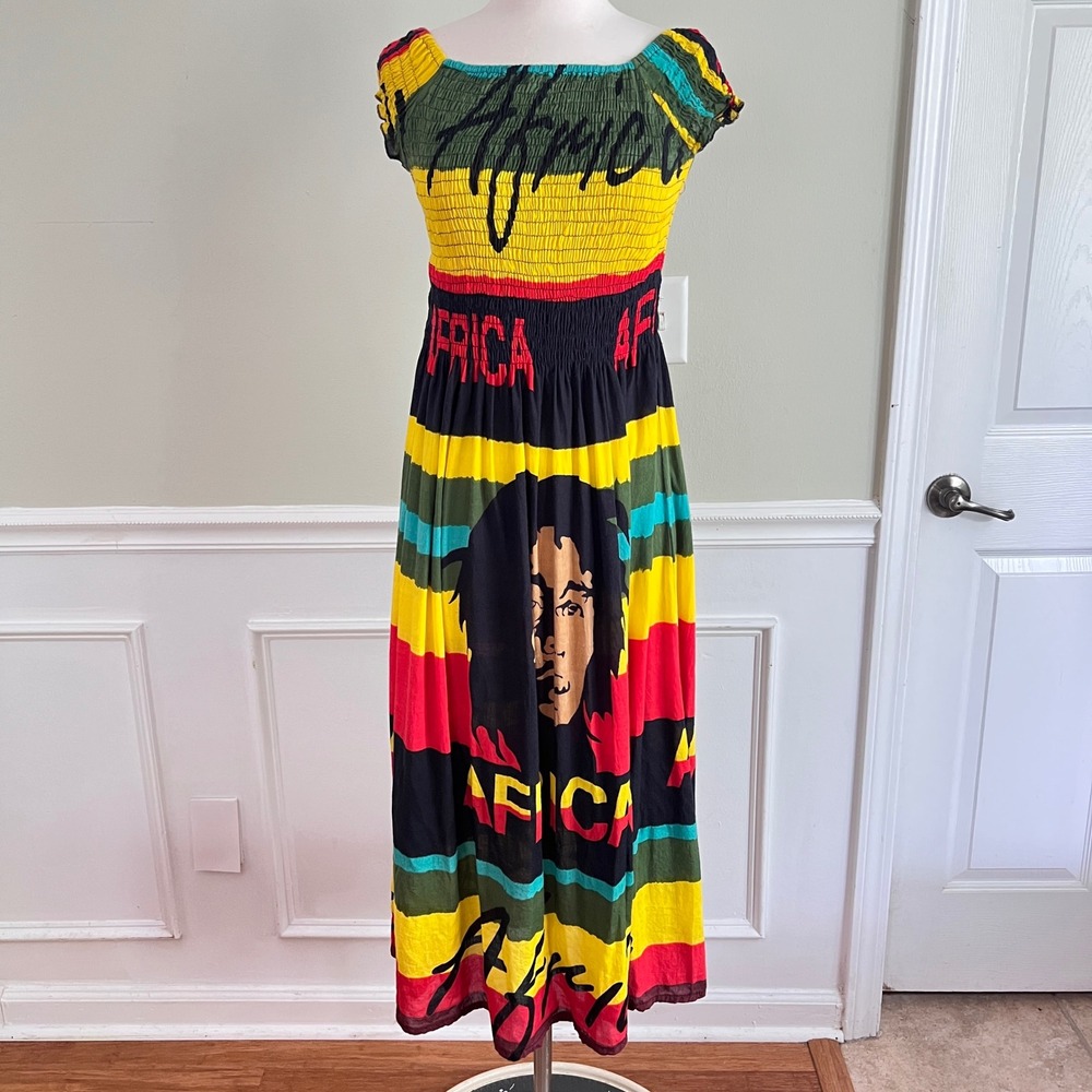 Jesta Taylor‎ Maxi Dress Womens Medium Bob Marley Rasta Africa Smocked Red Green